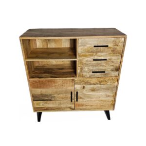 Highboard Urban Retro Mit den Abmessungen 100*109*40cm (BHT) drei Schubladen, zwei offene Fächer und zwei Türen. Aus Mangoholz mit einem Gestell aus Stahl in schwarz.